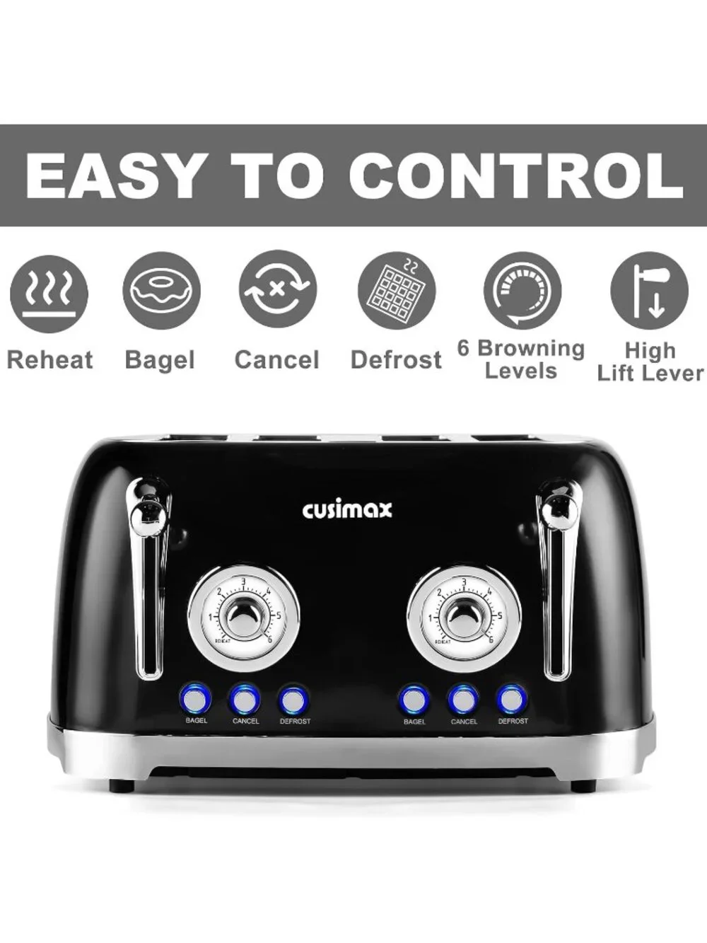 4 Slice Black Stainless Steel Retro Defrost Toaster with Wide Slots for Bagels